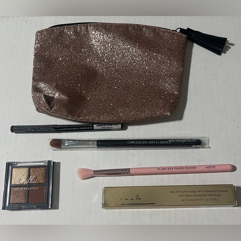 Glitter Makeup Bag, Stila Eyeliner, Brush Set, and Chella Eyeshadow Palette